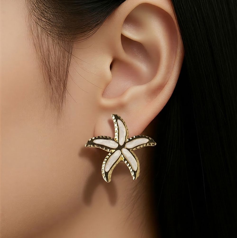 Gold Starfish Stud Earrings White Enamel Nautical Stainless Steel Cruise Beach